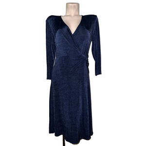 Chicos Travelers Dress Size M (1) Blue Faux Wrap V-neck 3/4 Sleeve Stretch Midi